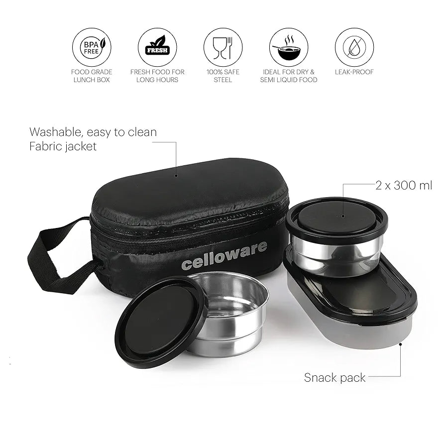CELLO Double Treat Lunch Box with Fabric Jacket, Black | 2 Round Steel Containers & 1 Plastic Snack Box | Airtight, Leak-Proof & Odour-Free | Easy to Carry Tiffin for Office, School, College, Travel